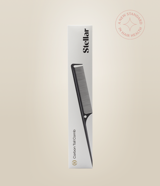 White Stellar Carbon Tail Comb packaging with a picture of the comb.