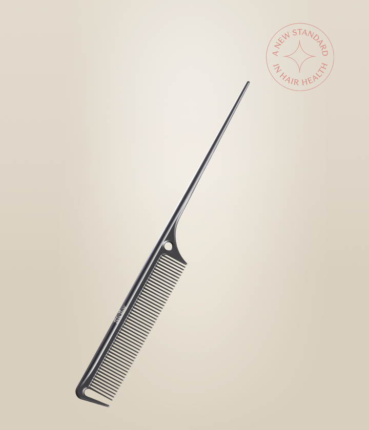 Black Carbon Tail Comb shown diagonally, with fine teeth and a long pointed tail.