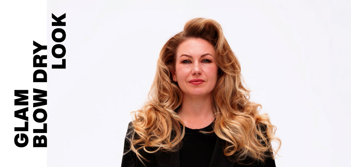 Glam Blow Dry Look styling tutorial cover showing long blonde hair styled in voluminous curls with lift at the roots.